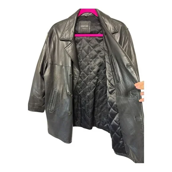 Andrew Marc Men's Double Breasted Black Leather Jacket Size G/L - Picture 4 of 8